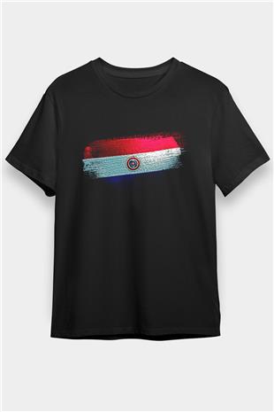 Paraguay Bayrağı Baskılı Unisex Siyah Tişört