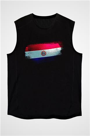 Paraguay Bayrağı Baskılı Unisex Siyah Kolsuz Tişört