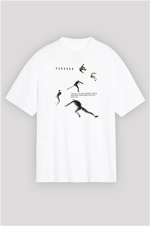 Parkour Baskılı Unisex Beyaz Oversize Tişört - Tshirt