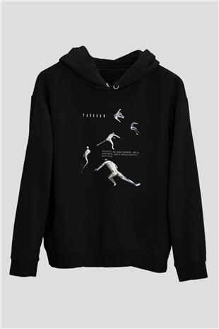 Parkour Baskılı Unisex Siyah Kapüşonlu Sweatshirt