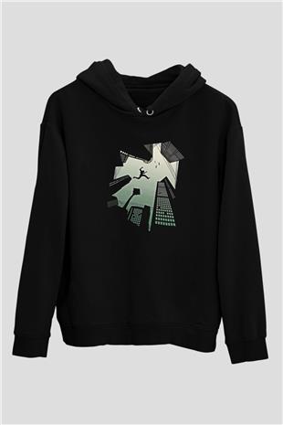 Parkour Baskılı Unisex Siyah Kapüşonlu Sweatshirt