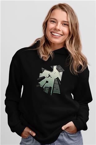 Parkour Baskılı Unisex Siyah Kapüşonlu Sweatshirt