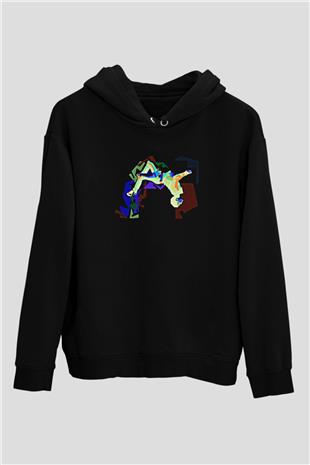 Parkour Baskılı Unisex Siyah Kapüşonlu Sweatshirt