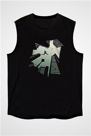 Parkour Baskılı Unisex Siyah Kolsuz Tişört