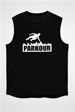 Parkour Baskılı Unisex Siyah Kolsuz Tişört