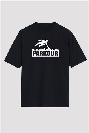 Parkour Baskılı Unisex Siyah Oversize Tişört