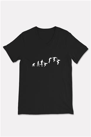 Parkour Baskılı Unisex Siyah V Yaka Tişört