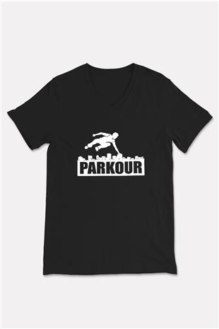 Parkour Baskılı Unisex Siyah V Yaka Tişört