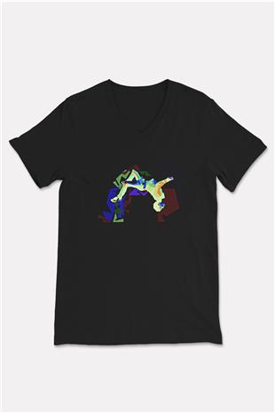 Parkour Baskılı Unisex Siyah V Yaka Tişört
