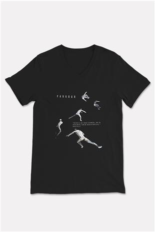 Parkour Baskılı Unisex Siyah V Yaka Tişört