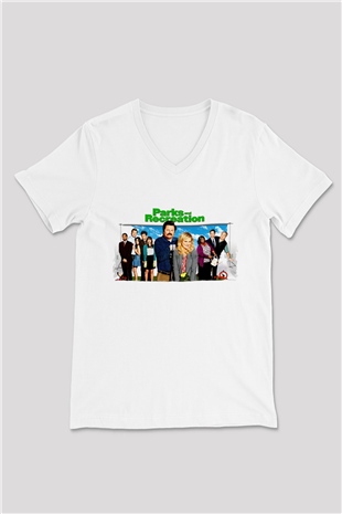 Parks and Recreation Beyaz Unisex  V Yaka Tişört