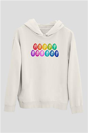Paskalya Baskılı Beyaz Unisex Kapüşonlu Sweatshirt