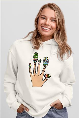 Paskalya Baskılı Beyaz Unisex Kapüşonlu Sweatshirt