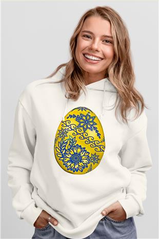 Paskalya Baskılı Beyaz Unisex Kapüşonlu Sweatshirt