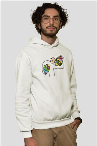Paskalya Baskılı Beyaz Unisex Kapüşonlu Sweatshirt