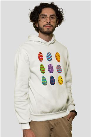 Paskalya Baskılı Beyaz Unisex Kapüşonlu Sweatshirt
