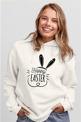 Paskalya Baskılı Beyaz Unisex Kapüşonlu Sweatshirt