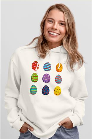 Paskalya Baskılı Beyaz Unisex Kapüşonlu Sweatshirt
