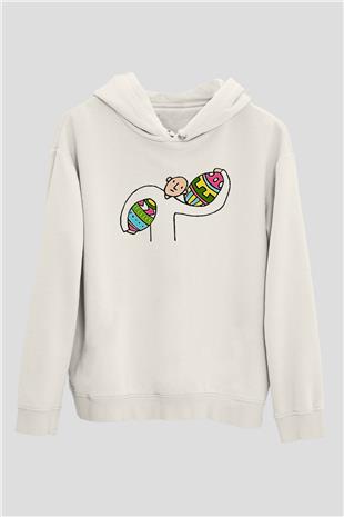 Paskalya Baskılı Beyaz Unisex Kapüşonlu Sweatshirt