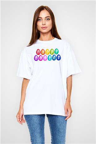 Paskalya Baskılı Beyaz Unisex Oversize Tişört - Tshirt