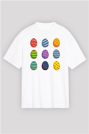 Paskalya Baskılı Beyaz Unisex Oversize Tişört - Tshirt