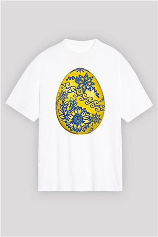 Paskalya Baskılı Beyaz Unisex Oversize Tişört - Tshirt