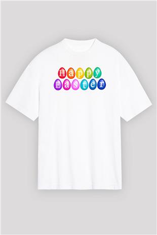 Paskalya Baskılı Beyaz Unisex Oversize Tişört - Tshirt