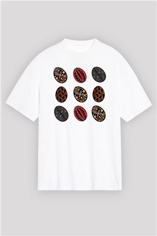 Paskalya Baskılı Beyaz Unisex Oversize Tişört - Tshirt
