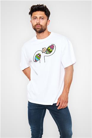 Paskalya Baskılı Beyaz Unisex Oversize Tişört - Tshirt