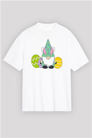 Paskalya Baskılı Beyaz Unisex Oversize Tişört - Tshirt