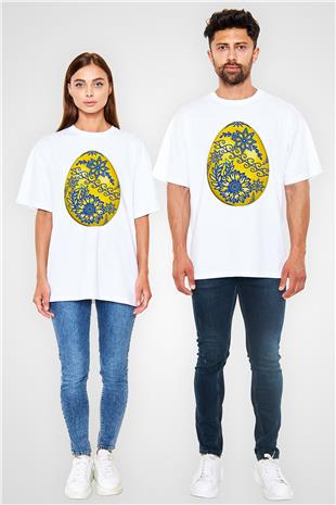 Paskalya Baskılı Beyaz Unisex Oversize Tişört - Tshirt