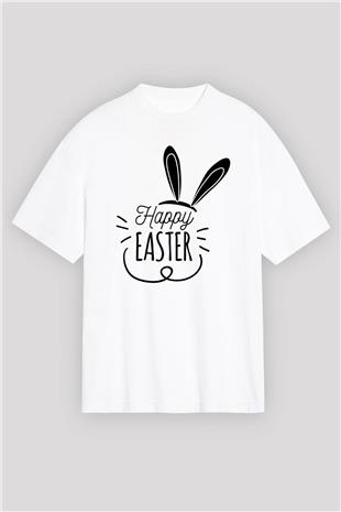 Paskalya Baskılı Beyaz Unisex Oversize Tişört - Tshirt