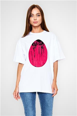Paskalya Baskılı Beyaz Unisex Oversize Tişört - Tshirt