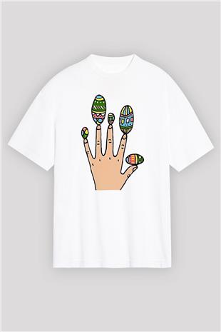 Paskalya Baskılı Beyaz Unisex Oversize Tişört - Tshirt