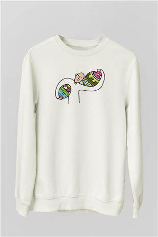 Paskalya Baskılı Beyaz Unisex Sweatshirt