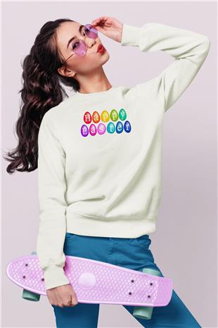 Paskalya Baskılı Beyaz Unisex Sweatshirt