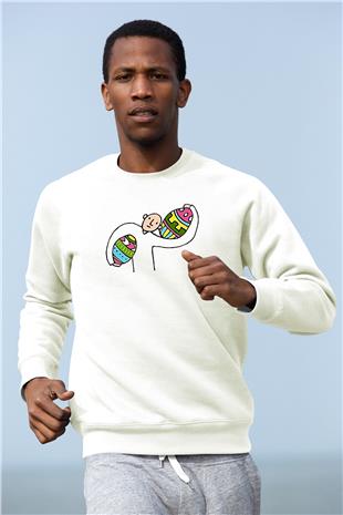 Paskalya Baskılı Beyaz Unisex Sweatshirt