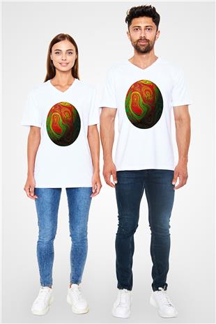 Paskalya Baskılı Beyaz Unisex V Yaka Tişört - Tshirt