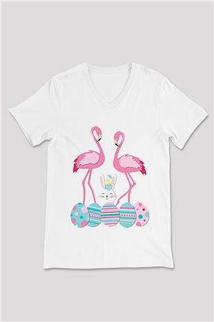 Paskalya Baskılı Beyaz Unisex V Yaka Tişört - Tshirt