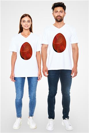 Paskalya Baskılı Beyaz Unisex V Yaka Tişört - Tshirt