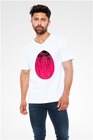 Paskalya Baskılı Beyaz Unisex V Yaka Tişört - Tshirt