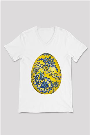Paskalya Baskılı Beyaz Unisex V Yaka Tişört - Tshirt
