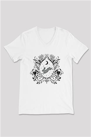 Paskalya Baskılı Beyaz Unisex V Yaka Tişört - Tshirt