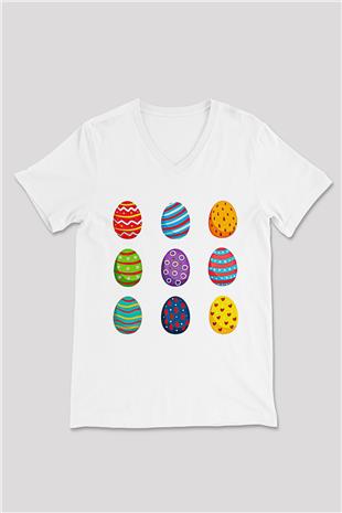 Paskalya Baskılı Beyaz Unisex V Yaka Tişört - Tshirt