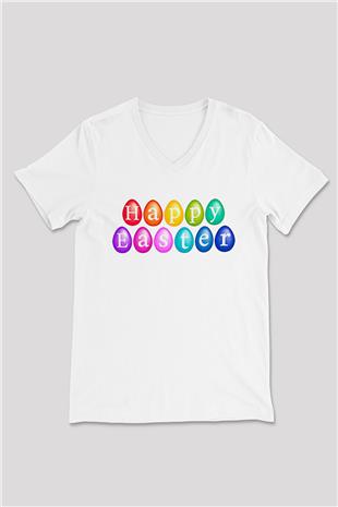 Paskalya Baskılı Beyaz Unisex V Yaka Tişört - Tshirt