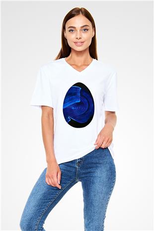 Paskalya Baskılı Beyaz Unisex V Yaka Tişört - Tshirt