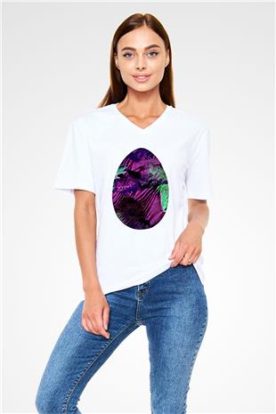 Paskalya Baskılı Beyaz Unisex V Yaka Tişört - Tshirt