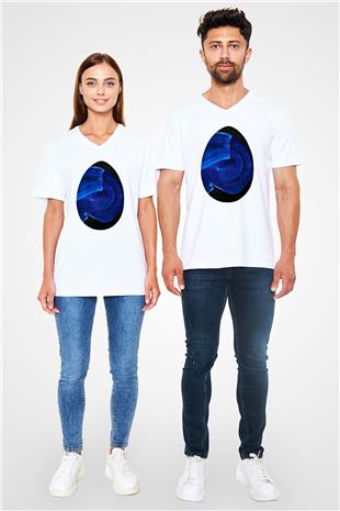 Paskalya Baskılı Beyaz Unisex V Yaka Tişört - Tshirt