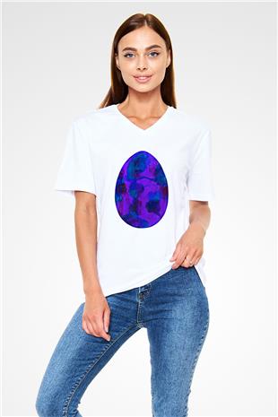 Paskalya Baskılı Beyaz Unisex V Yaka Tişört - Tshirt
