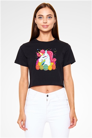 Paskalya Baskılı Siyah Crop Top Kadın Tişört - Tshirt